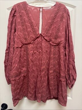 Mauve Boho Lace-Trim V-Neck Tunic